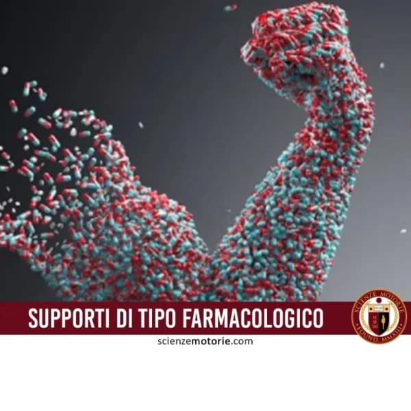 Braccio muscoloso formato da pillole rosse e blu provenienti da un flacone aperto, con testo "Supporti di tipo farmacologico" e logo ScienzeMotorie.com.