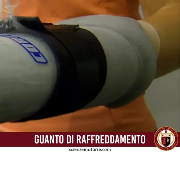 Dispositivo simile a un guanto avvolto sul braccio, etichettato come "Guanto di Raffreddamento", con cinghie di fissaggio e logo ScienzeMotorie.com.