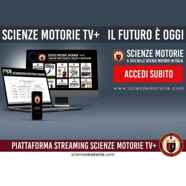 L’immagine promuove Scienze Motorie TV+, una piattaforma di streaming innovativa per professionisti del movimento. Lo slogan “Il futuro è oggi” sottolinea l’approccio moderno. Computer e smartphone mostrano contenuti didattici, evidenziando la fruizione su più dispositivi. Il pulsante rosso “Accedi Subito” invita all’azione. In basso, il logo e il sito scienzemotorie.com confermano autorevolezza.