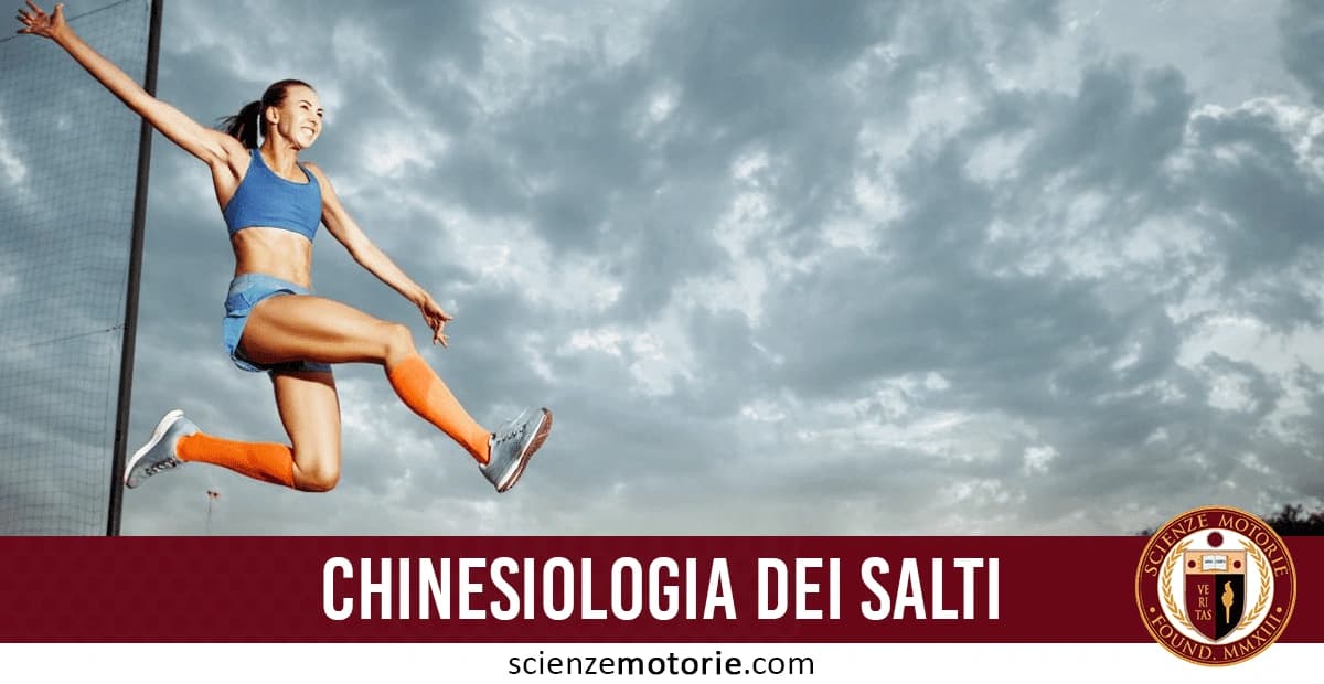 Persona che salta in aria all'aperto indossando un completo sportivo blu e calzettoni arancioni, con il testo "Chinesiologia dei Salti" e il logo "scienzemotorie.com"