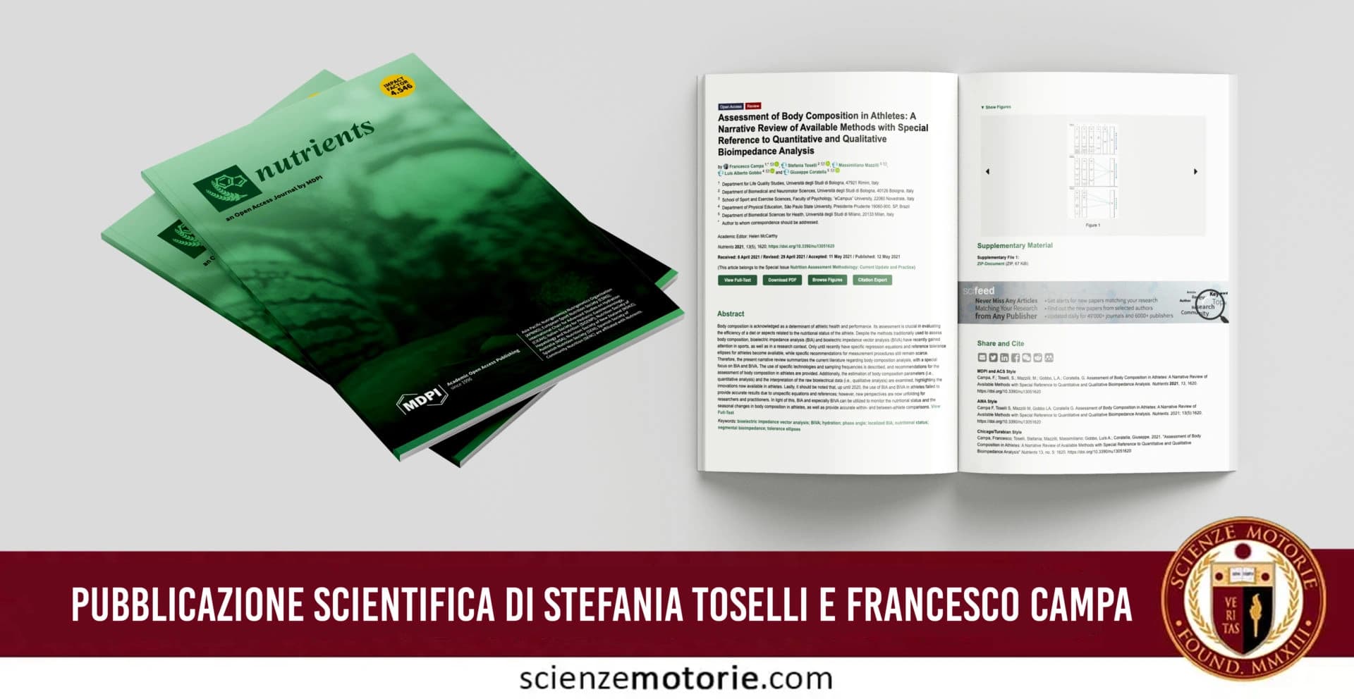 L'immagine mostra una rivista scientifica aperta su un tavolo, con il titolo "Nutrients" ben visibile sulla copertina. Alla sinistra della rivista, ci sono altre copie impilate. La pagina aperta contiene un articolo dal titolo "Assessment of Body Composition in Athletes: A Narrative Review of Available Methods with Special Reference to Quantitative and Qualitative Bioimpedance Analysis". In basso c'è un testo che recita "PUBBLICAZIONE SCIENTIFICA DI STEFANIA TOSELLI E FRANCESCO CAMPA" e il logo di Scienze Motorie