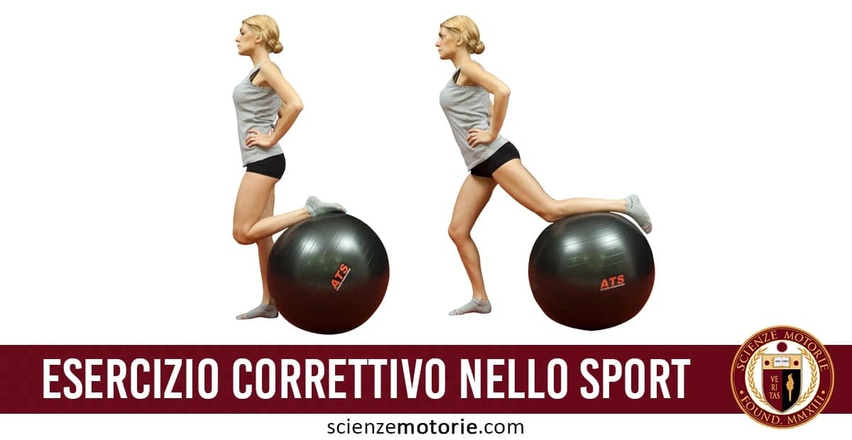 L’immagine è divisa in due sezioni: a sinistra, una persona in piedi accanto a una palla da ginnastica con le mani sui fianchi; a destra, la stessa persona esegue un esercizio posizionando una gamba su una Fitball Black con il logo di Isituto ATS, suggerendo un lavoro su equilibrio o flessibilità. In basso si trova il testo "ESERCIZIO CORRETTIVO NELLO SPORT", accompagnato dal logo di scienzemotorie.com