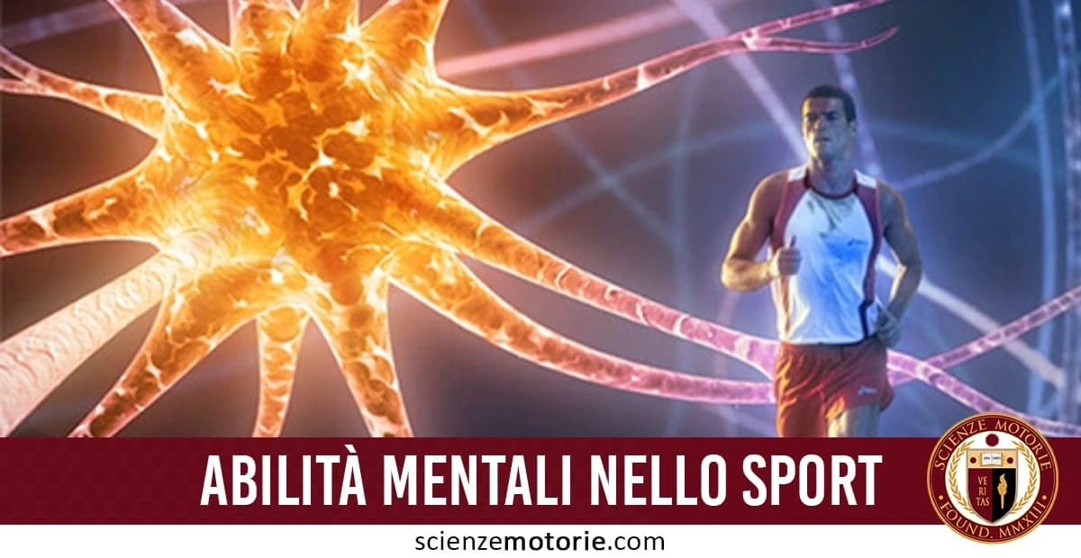 Un corridore e un'immagine stilizzata di una cellula, simbolo delle connessioni mentali, con il testo "ABILITÀ MENTALI NELLO SPORT" e il logo di Scienze Motorie