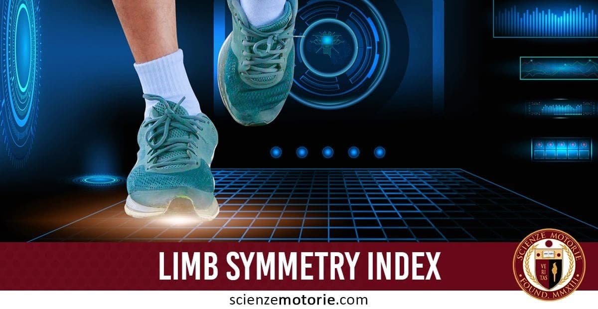 Persona con scarpe sportive verdi in movimento su superficie grigliata illuminata, con elementi grafici futuristici e la scritta "LIMB SYMMETRY INDEX" in basso assieme al logo di Scienze Motorie