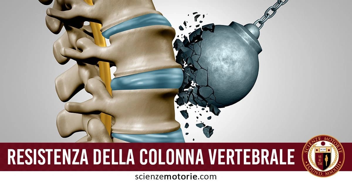 Illustrazione della colonna vertebrale colpita da una palla demolitrice, con effetto di rottura, accompagnata dal testo "Resistenza della Colonna Vertebrale" e dal logo di Scienze Motorie.
