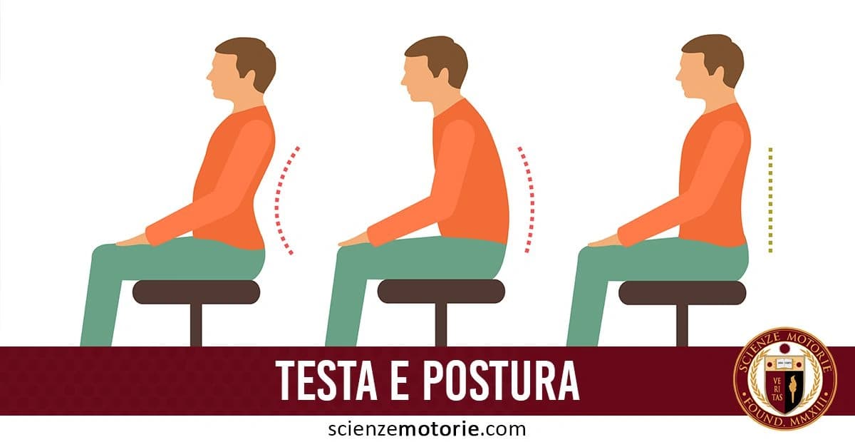 Tre illustrazioni comparative di una persona seduta su uno sgabello, che mostrano diverse posture della schiena: da sinistra, una posizione inclinata all’indietro con schiena arcuata, una con schiena piegata in avanti e una postura corretta con schiena dritta e curva fisiologica naturale. Il testo "TESTA E POSTURA" compare nella parte inferiore assieme al logo di Scienze Motorie