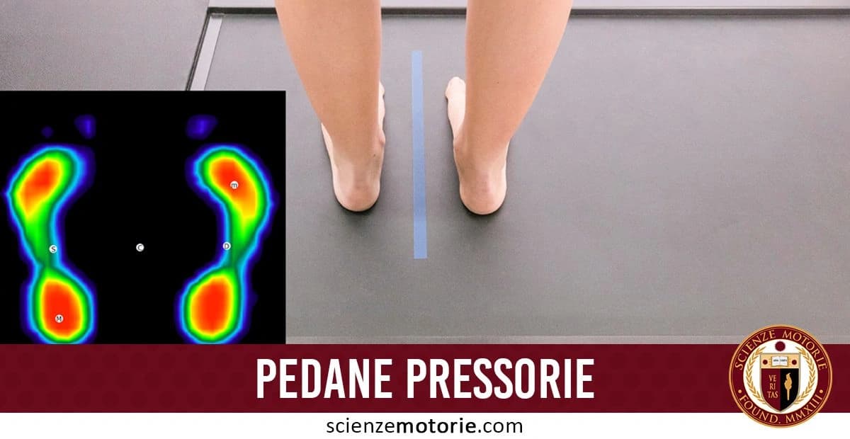 L'immagine mostra una persona in piedi su una pedana baropodometrica, con una rappresentazione colorata delle impronte dei piedi che evidenzia la distribuzione della pressione plantare. Le diverse tonalità indicano le aree di maggiore e minore pressione esercitata sulla superficie. In basso, il testo "PEDANE PRESSORIE" e il logo di Scienze Motorie