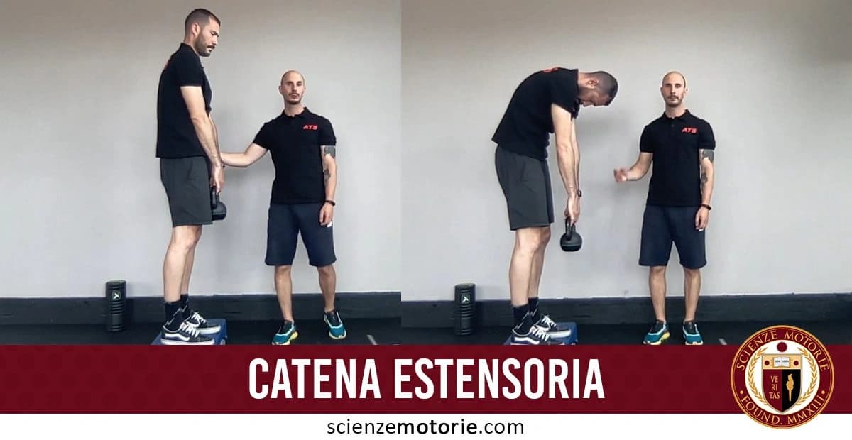 L'immagine raffigura due uomini in un contesto di allenamento. Uno di loro è in piedi su una piattaforma mentre esegue un esercizio con un kettlebell in una mano, concentrandosi sulla catena estensoria. L'altro uomo, vestito con abbigliamento sportivo, lo osserva attentamente, probabilmente fornendo assistenza o indicazioni. Nella parte inferiore dell'immagine è presente il testo "CATENA ESTENSORIA" insieme al logo di Scienze Motorie.