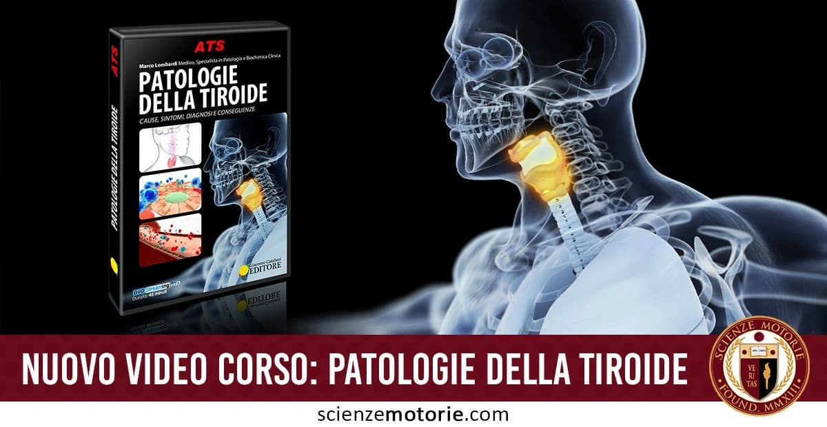 Copertina del video corso "Patologie della Tiroide" con un'immagine stilizzata del corpo umano e la tiroide evidenziata. La fascia rossa sottostante presenta il testo “Nuovo video corso: Patologie della Tiroide” insieme al logo di Scienze Motorie.