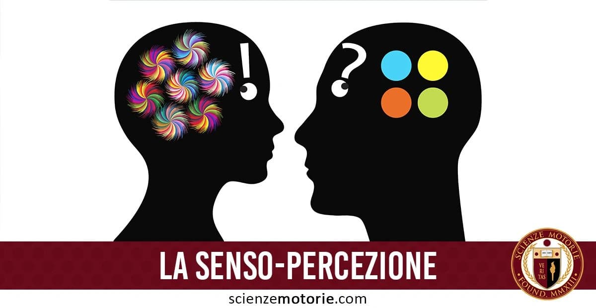 L'immagine mostra due profili stilizzati: il profilo a sinistra ha un'espressione di sorpresa con un punto esclamativo e vortici colorati nella testa, mentre il profilo a destra ha un punto interrogativo sopra l'occhio e quattro cerchi colorati nella testa (blu, giallo, arancione, verde). In basso, c'è la scritta "LA SENSO-PERCEZIONE" accompagnato dal logo di Scienze Motorie.