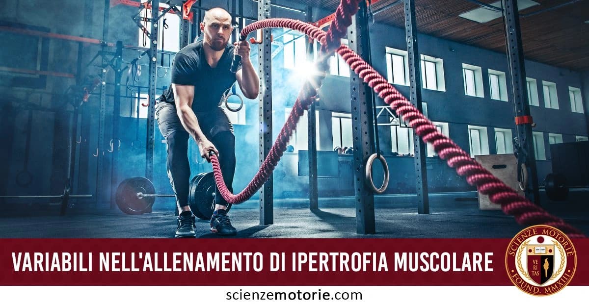 Uomo che si allena con delle corde in palestra, eseguendo esercizi per l'ipertrofia muscolare, con attrezzi da fitness e finestra sullo sfondo. il Logo di Scienze Motorie.com è visibile sulla destra accanto alla scritta Variabili nell’allenamento di ipertrofia muscolare