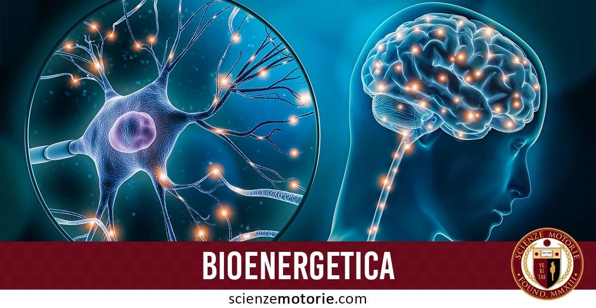Illustrazione che mostra un neurone a sinistra e il cervello umano a destra, collegati da segnali luminosi che rappresentano attività elettrica, enfatizzando il concetto di bioenergetica in relazione alle neuroscienze e alle scienze motorie. Appare una scritta che recita "bioenergetica" accompagnata dal logo di ScienzeMotorie.com