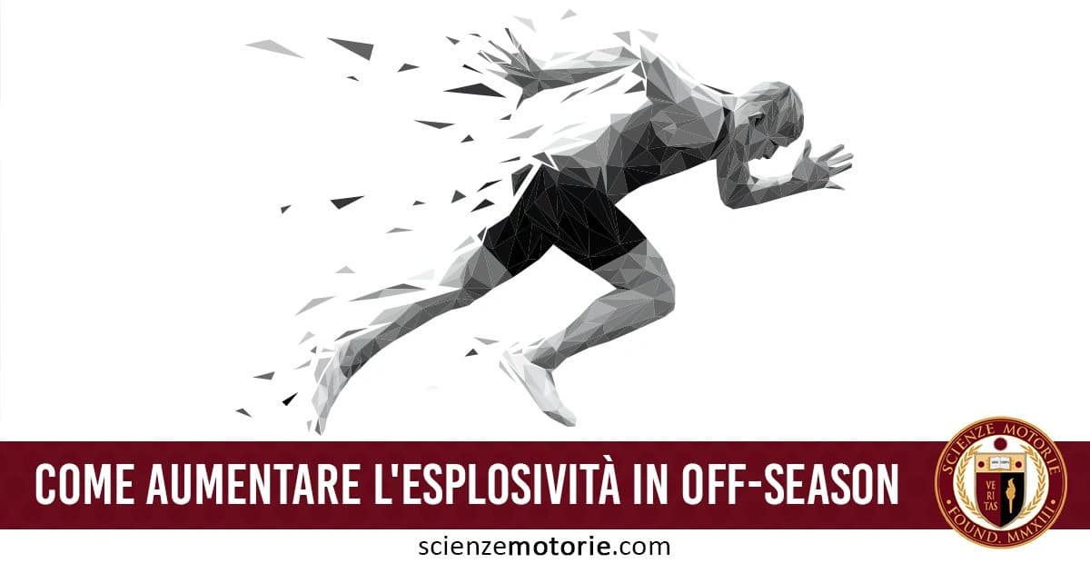 Rappresentazione stilizzata di una persona in corsa, composta da forme geometriche dinamiche. In basso, una banda rossa con la scritta "Come aumentare l'esplicità in off-seasone"e il logo di ScienzeMotorie.com