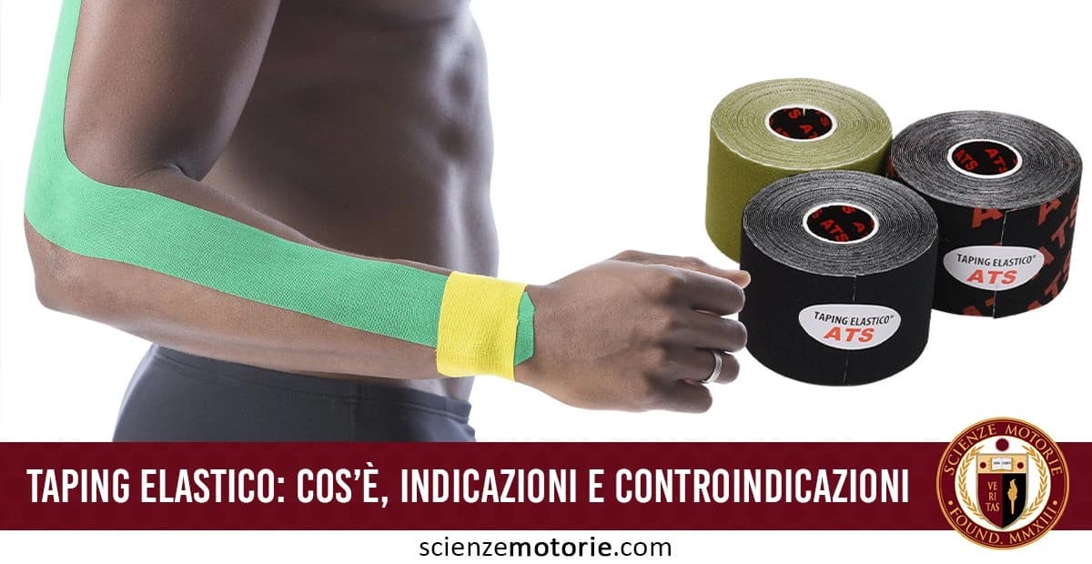L'immagine mostra un braccio con taping elastico di colore verde e giallo applicato su di esso. Accanto al braccio, ci sono tre rotoli di taping di diversi colori: verde, nero e nero con scritte rosse. Il testo sottostante recita "TAPING ELASTICO: COS'È, INDICAZIONI E CONTROINDICAZIONI", indicando un focus sull'uso e le precauzioni nell'applicazione del taping elastico. Sulla destra dell'immagine si trova il logo di Scienze Motorie.com