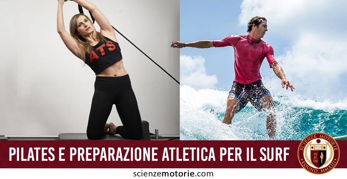 Immagine divisa in due parti: a sinistra, una donna che pratica Pilates con indosso una maglia nera ed il logo di Istituto ATS, mentre a destra un uomo fa surf su onde. In basso, il testo "Pilates e preparazione atletica per il surf" accompagnata dal logo di Scienze Motorie.com