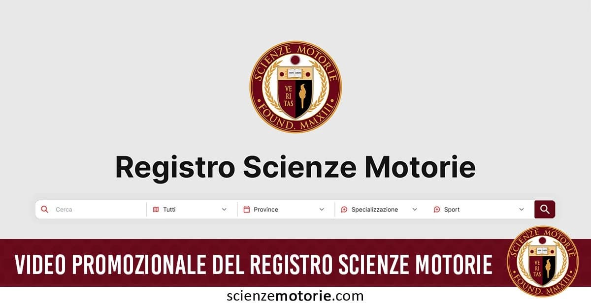 Logo ScienzeMotorie.com con barra di ricerca e filtri di ricerca del registro professionisti scienze motorie. appare la scritta 'Video Promozionale del Registro Scienze Motorie' e indirizzo web scienzemotorie.com
