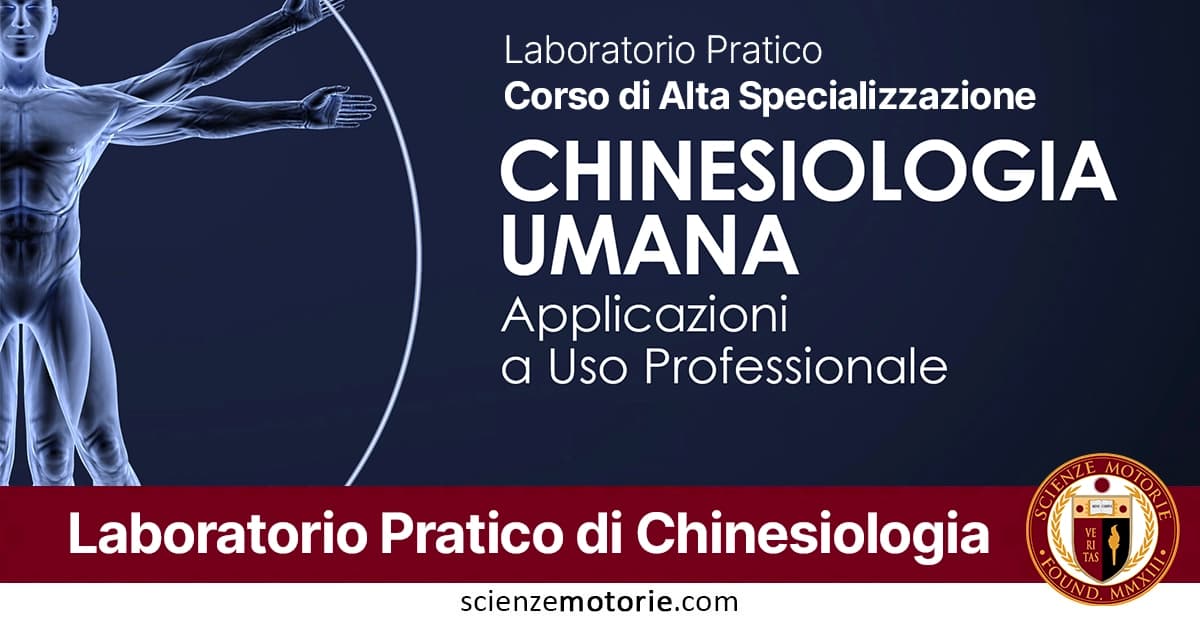 Poster promozionale del 'Laboratorio Pratico di Chinesiologia Umana', Corso di Alta Specializzazione con applicazioni professionali. A sinistra, rappresentazione grafica del corpo umano. In basso, barra rossa con il testo e logo Scienze Motorie.com