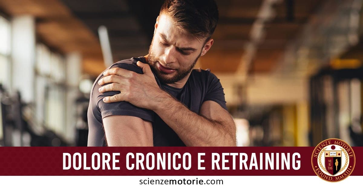 Uomo in palestra che si tiene la spalla dolorante con il testo "DOLORE CRONICO E RETRAINING" e il logo di ScienzeMotorie.com.