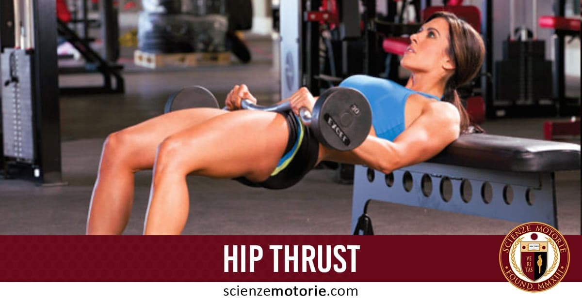 Persona che esegue l'esercizio hip thrust con bilanciere su panca in palestra, con scritta "HIP THRUST" e logo di scienzemotorie.com in basso a destra.