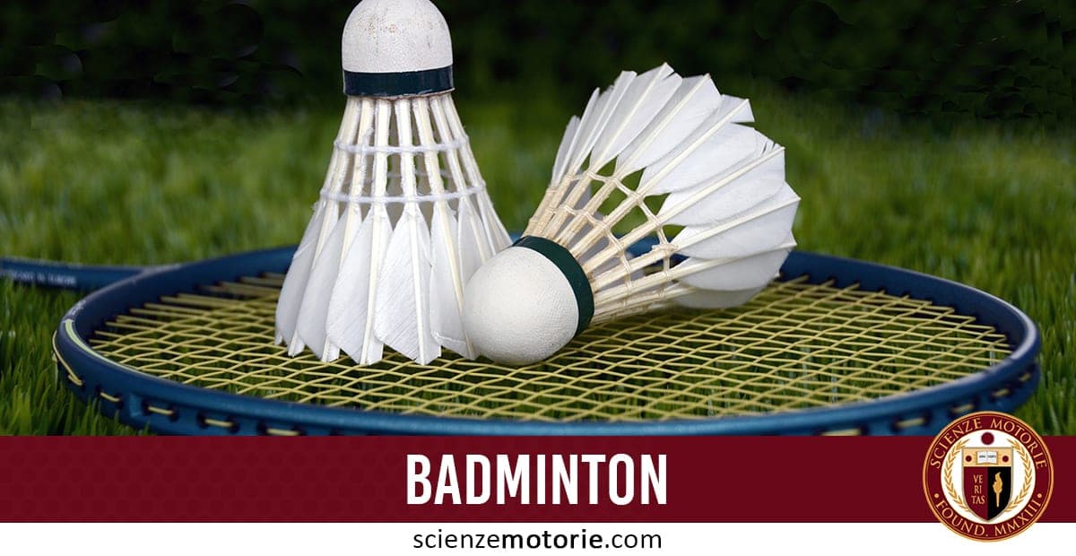 Due volani da badminton posati su una racchetta, con prato verde sullo sfondo.