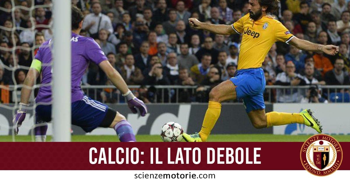 Calciatore in maglia gialla calcia verso la porta durante una partita, mentre il portiere in divisa viola si prepara alla parata; in basso il testo "Calcio: Il lato debole" con logo e sito scienzemotorie.com.