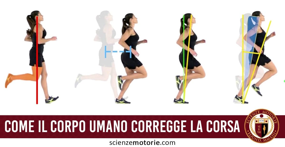 Tre figure di una donna che corre, con linee colorate che indicano il miglioramento progressivo della postura, e il logo di ScienzeMotorie.com in basso a destra.