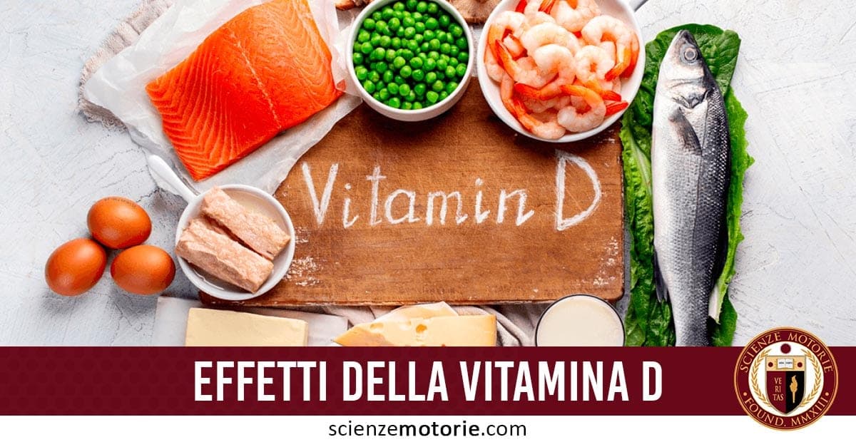 Alimenti ricchi di vitamina D come salmone, uova, formaggio, tonno, piselli e gamberetti disposti attorno a una lavagna con la scritta “Vitamin D”; in basso, banner “Effetti della Vitamina D” con logo di Scienze Motorie.