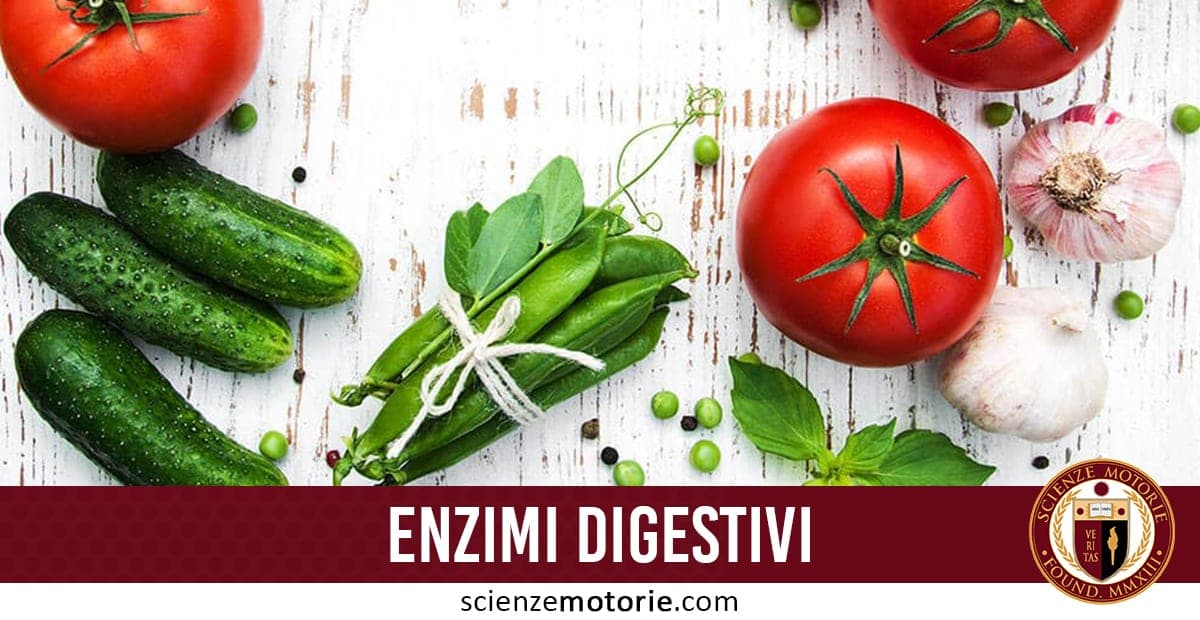 Varietà di verdure fresche tra cui pomodori, cetrioli, aglio, basilico e legumi verdi su superficie di legno bianco, con testo “Enzimi digestivi” e logo di scienzemotorie.com.