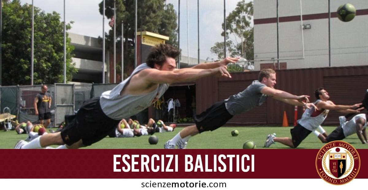 Persone eseguono esercizi balistici su un campo di allenamento all’aperto, con alberi, un edificio e il logo di ScienzeMotorie.com visibile in basso.