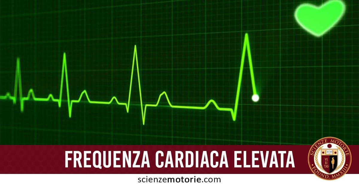 Grafico di elettrocardiogramma con linee verdi su sfondo scuro e testo “Frequenza cardiaca elevata”, con icona a forma di cuore.