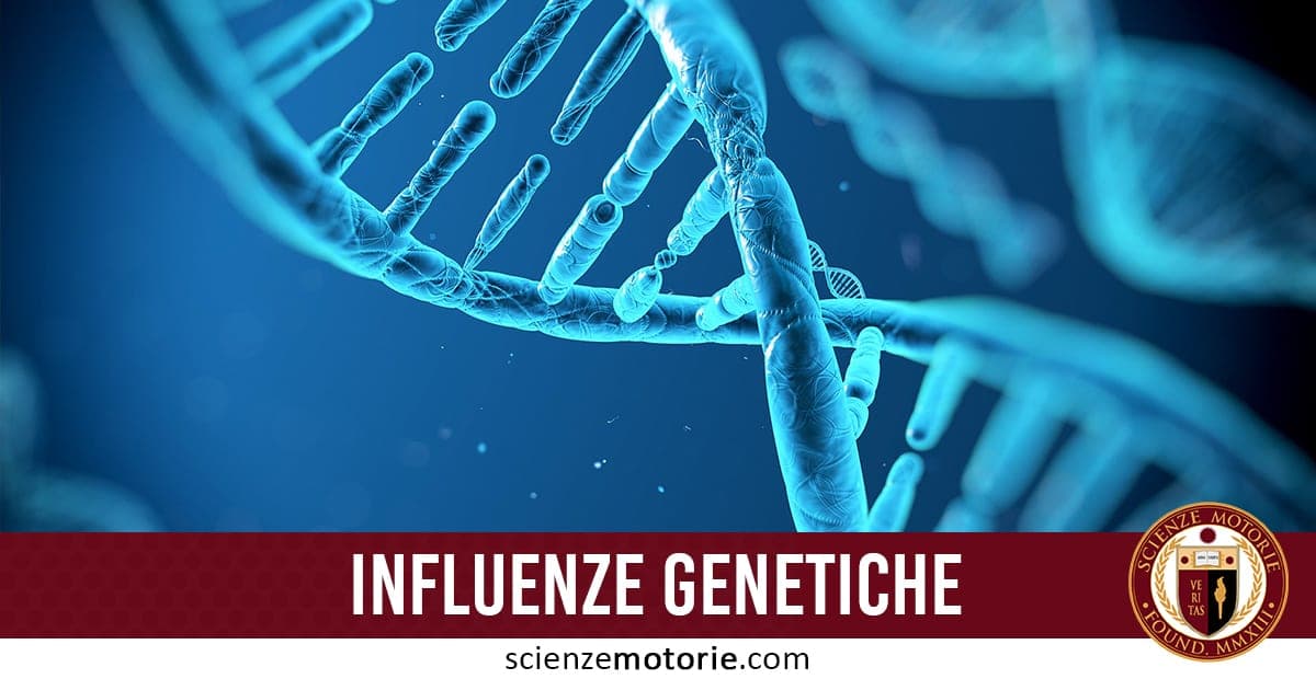 Rappresentazione microscopica di una doppia elica di DNA blu con scritta “INFLUENZE GENETICHE” e logo scienzemotorie.com
