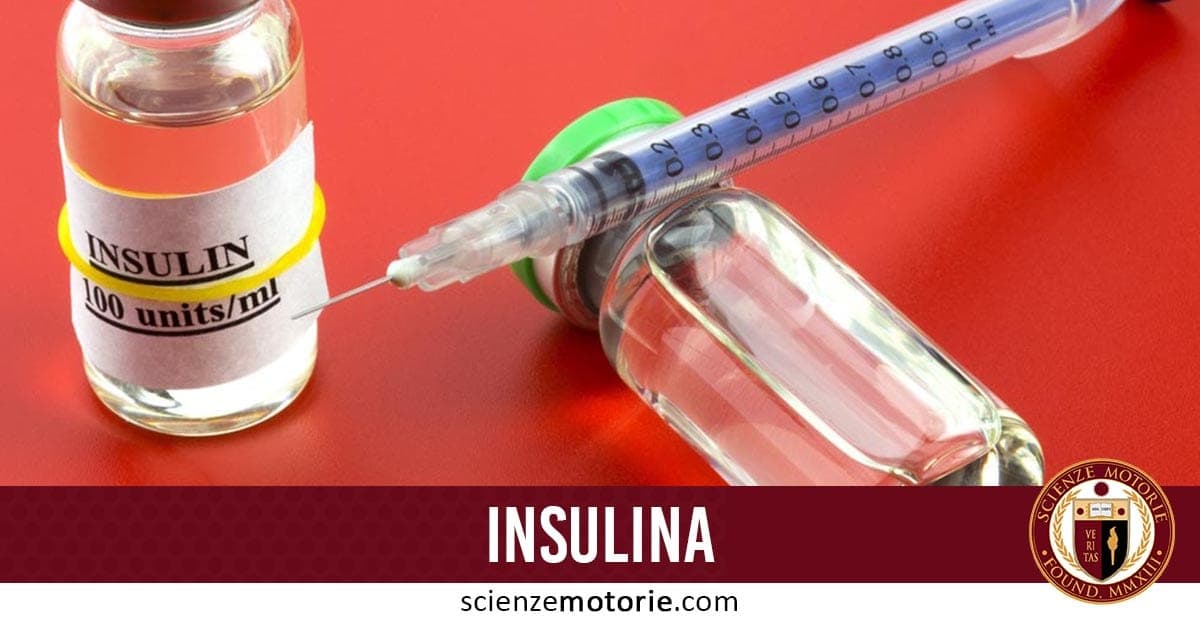 Fiala di insulina con etichetta "100 units/ml" e siringa accanto su sfondo rosso, con scritta “INSULINA” e sito scienzemotorie.com in basso.