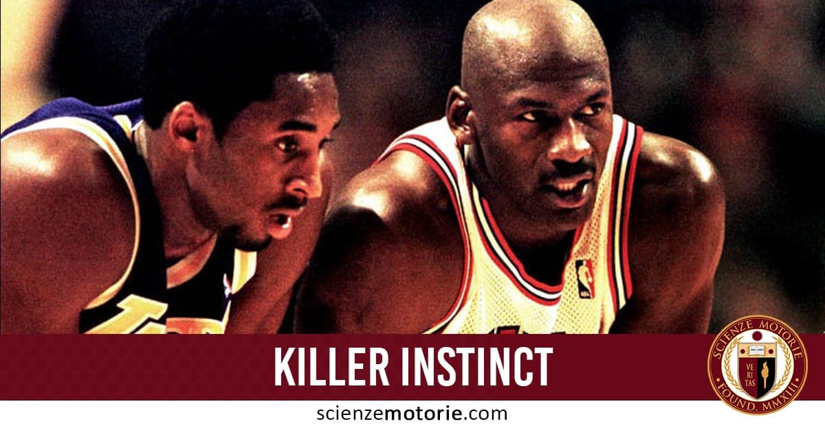 Due giocatori di basket in campo in azione, con la scritta “KILLER INSTINCT” e un logo di ScienzeMotorie.com
