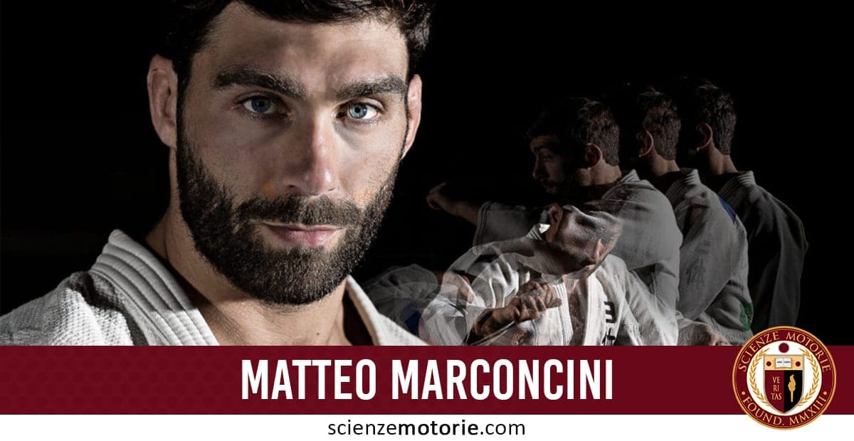 Persona in abiti da judo con sovrapposizioni di figure che mostrano movimenti di judo, con il testo "Matteo Marconcini".