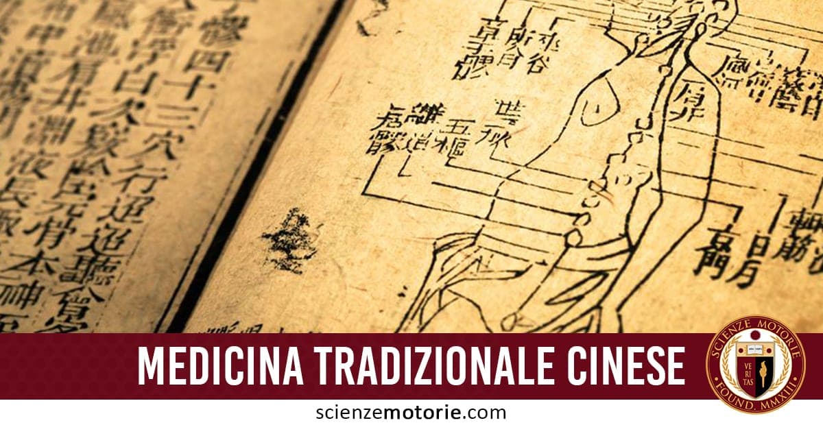 Antico testo di medicina tradizionale cinese con illustrazioni di meridiani e punti di agopuntura su corpo umano stilizzato, caratteri cinesi e testo “Medicina Tradizionale Cinese” in basso con il logo di ScienzeMotorie.com
