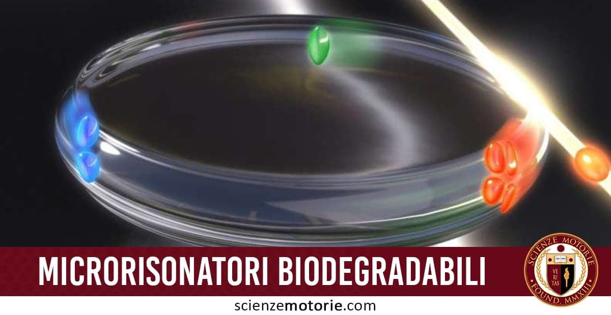 Rendering digitale di un anello trasparente con sfere colorate blu, verdi e rosse, accompagnato dalla scritta “MICRORISONATORI BIODEGRADABILI” e dal logo di scienzemotorie.com.