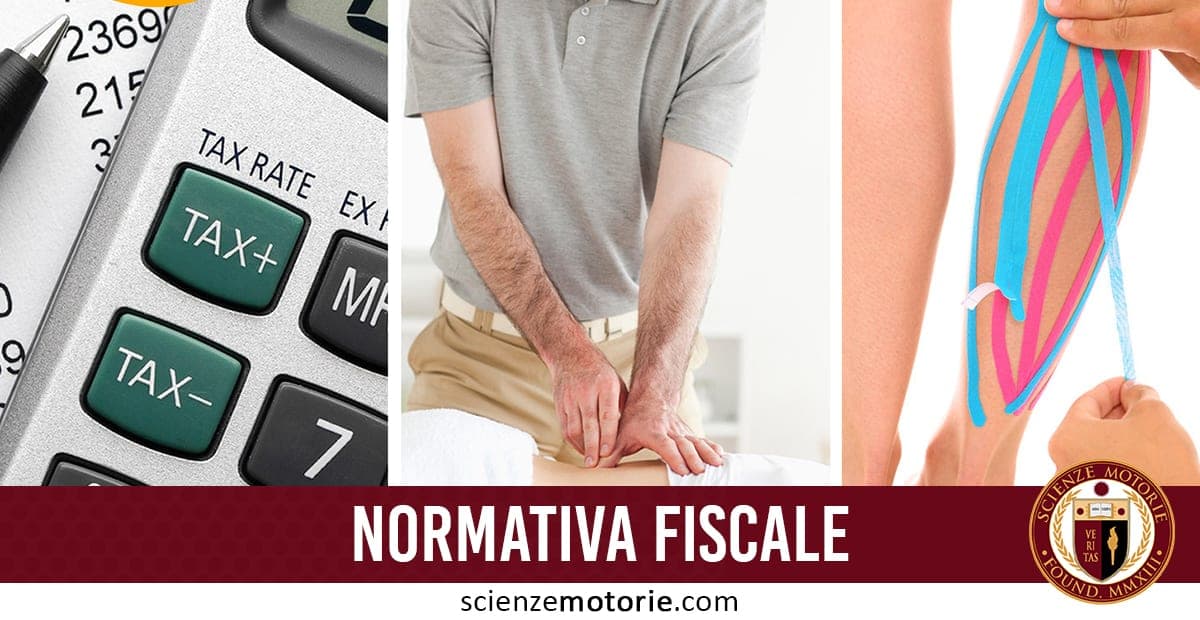 Immagine suddivisa in tre sezioni: a sinistra calcolatrice con tasti TAX+ e TAX- e documenti fiscali, al centro trattamento fisioterapico su torso di una persona, a destra nastro kinesiologico rosa e blu applicato sulla gamba.