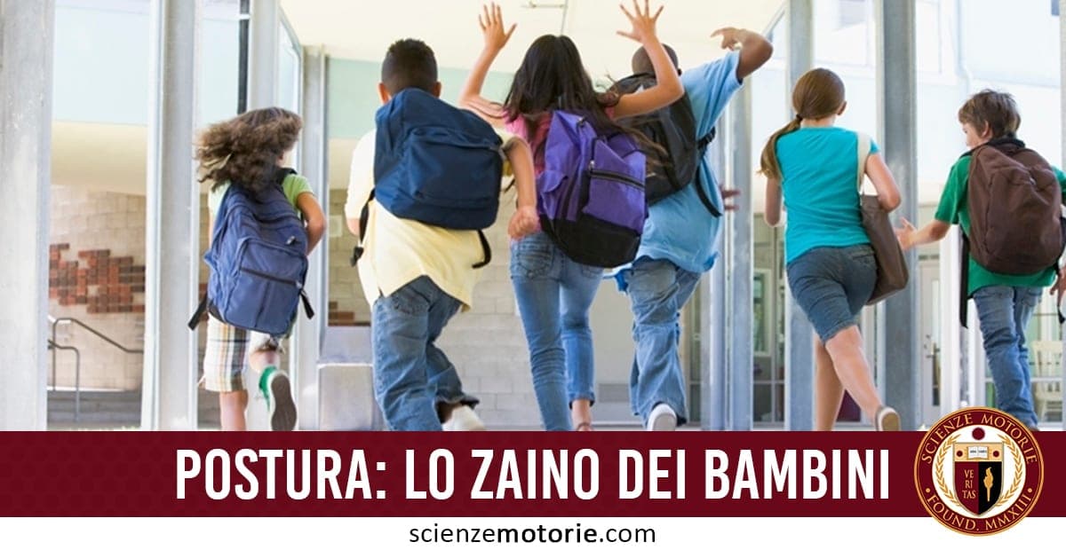 Cinque bambini con zaini colorati che camminano verso un edificio, con testo "POSTURA: LO ZAINO DEI BAMBINI" e logo scienzemotorie.com.