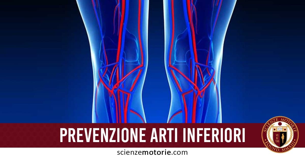 Illustrazione delle gambe umane con vene e arterie evidenziate in rosso, accompagnata dal testo “Prevenzione Arti Inferiori”.