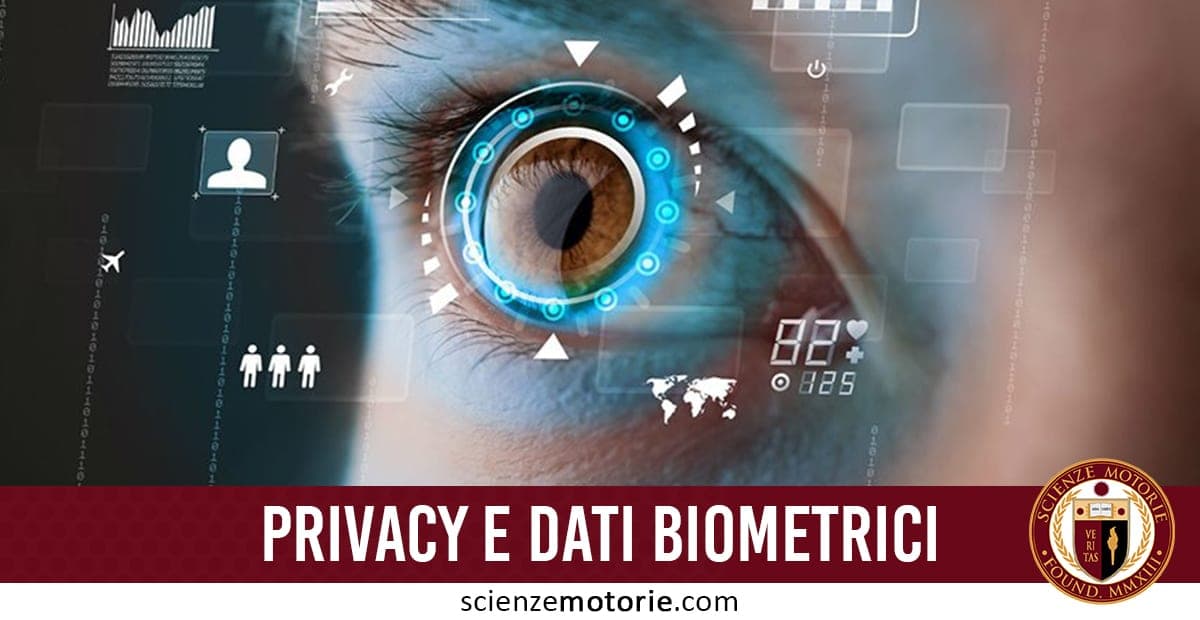 Primo piano di un occhio umano con grafica digitale e icone che rappresentano la tecnologia di riconoscimento biometrico e la privacy dei dati.