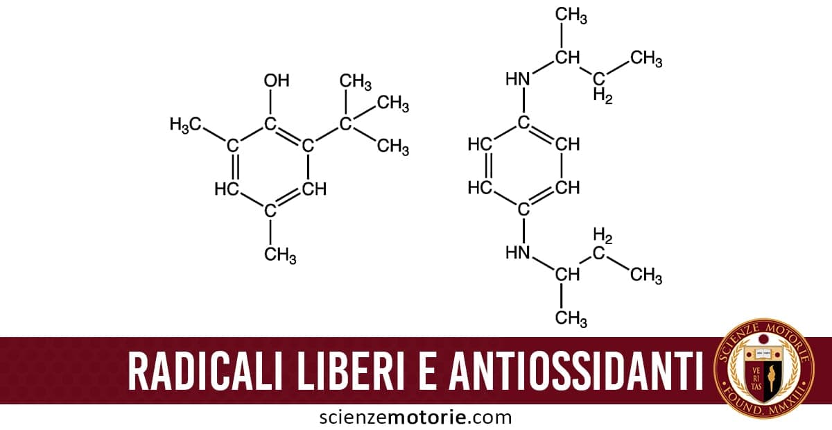 Due strutture chimiche rappresentanti molecole di radicali liberi e antiossidanti, con scritta “Radicali Liberi e Antiossidanti” e logo Scienze Motorie.