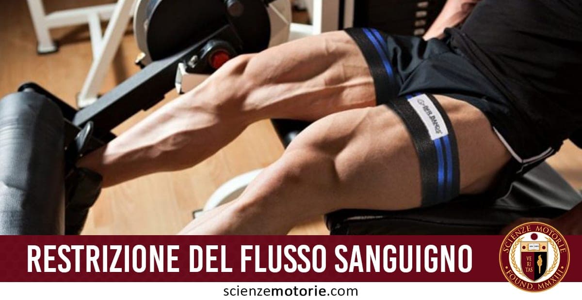Persona che esegue leg extension in palestra con fasce per la restrizione del flusso sanguigno sulle cosce, testo "RESTRIZIONE DEL FLUSSO SANGUIGNO" e logo di scienzemotorie.com in basso a destra.