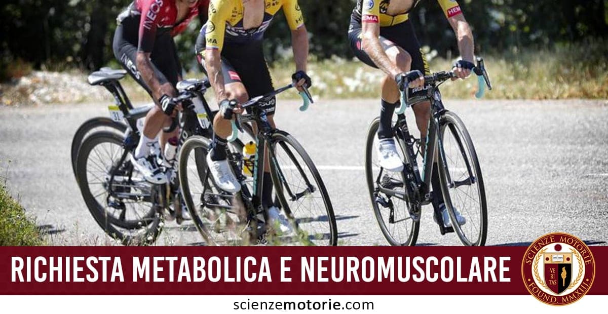 Due ciclisti in abbigliamento tecnico pedalano su biciclette da corsa all’aperto, con scritta “Richiesta Metabolica e Neuromuscolare” e logo Scienze Motorie.