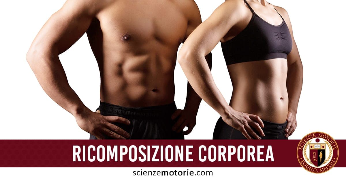 L’immagine mostra i busti di un uomo e una donna in forma, con muscoli definiti e abbigliamento sportivo. In basso, una banda rossa con la scritta "RICOMPOSIZIONE CORPOREA", il logo di scienzemotorie.com.