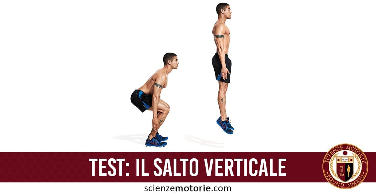 Persona esegue un salto verticale: a sinistra in posizione accovacciata, a destra in fase di salto con corpo esteso; scritta “TEST: IL SALTO VERTICALE” e logo Scienze Motorie.