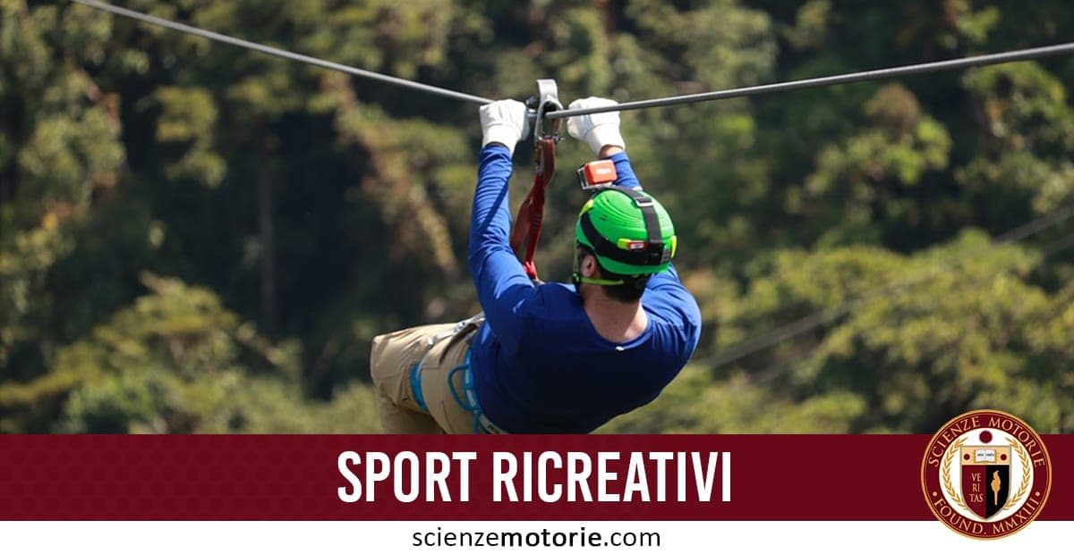 Persona che fa zip line con casco verde, guanti e imbracatura di sicurezza, sullo sfondo alberi e vegetazione, con scritta “SPORT RICREATIVI” e logo di scienzemotorie.com