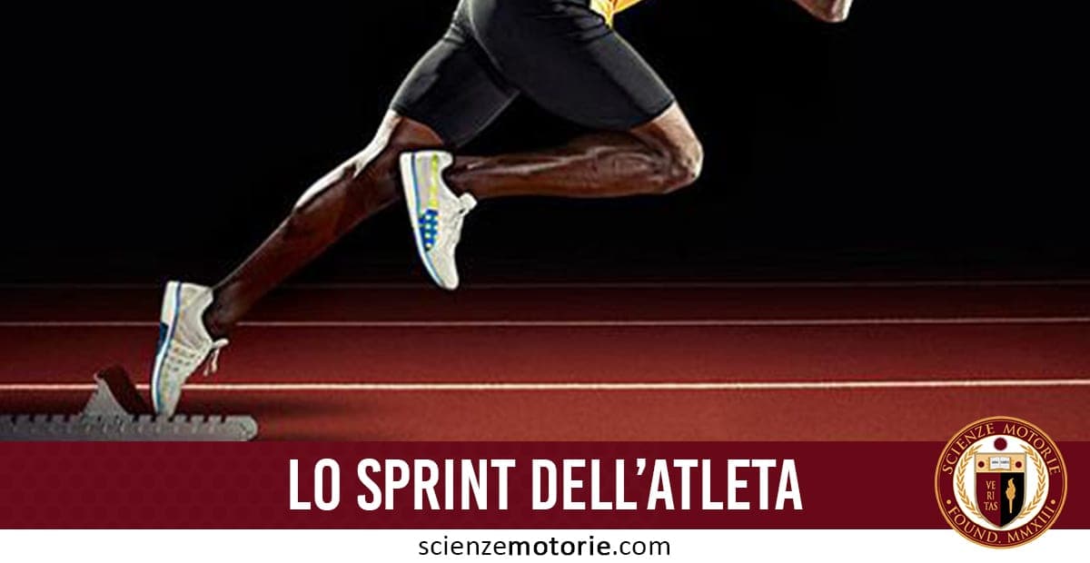 Atleta in partenza per uno sprint su pista con scritta “Lo sprint dell’atleta” e logo Scienze Motorie.