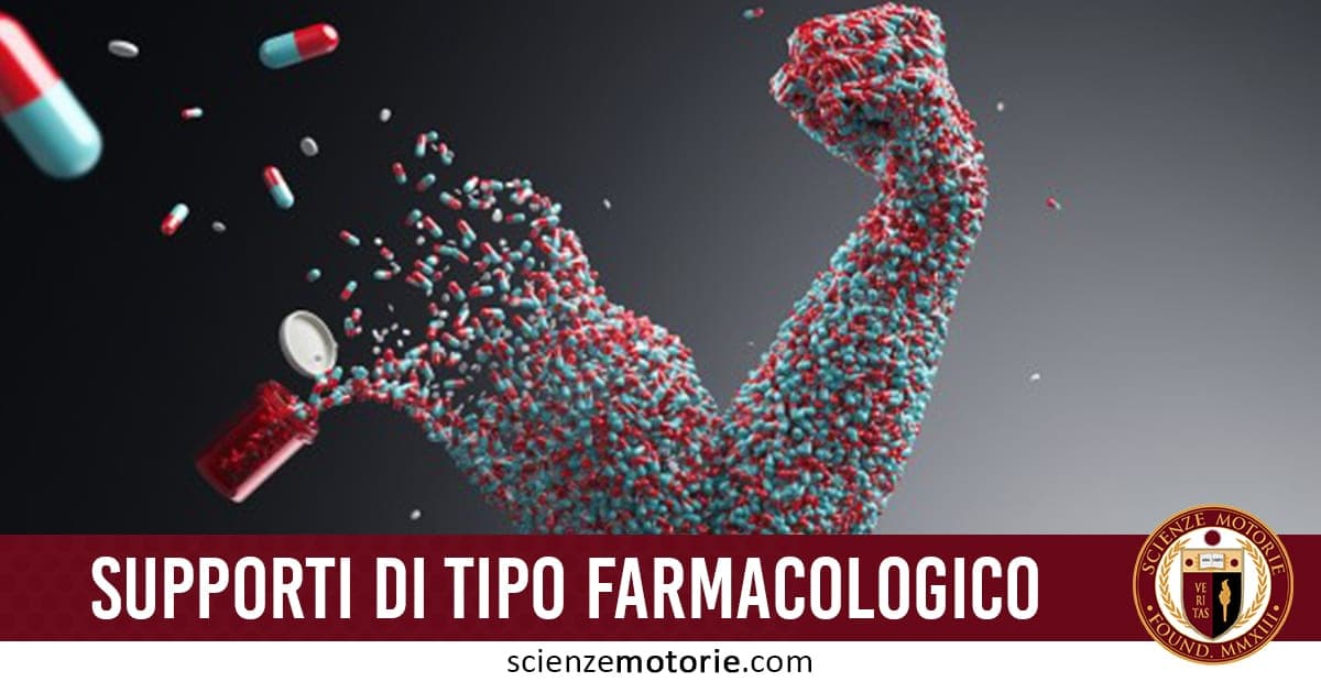 Braccio muscoloso formato da pillole rosse e blu provenienti da un flacone aperto, con testo "Supporti di tipo farmacologico" e logo ScienzeMotorie.com.