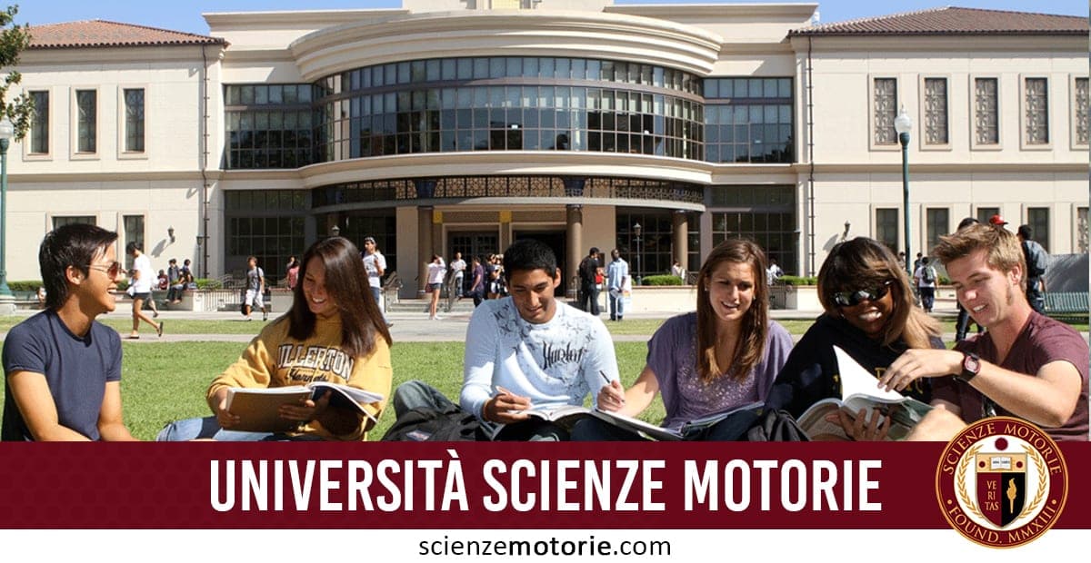 Gruppo di sei studenti universitari seduti sull’erba mentre studiano e conversano davanti a un edificio moderno con ampie finestre in un campus accademico.