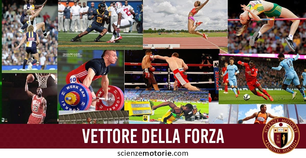 Collage vibrante di vari sport e atleti in azione, tra cui rugby, football americano, atletica leggera, sollevamento pesi, pugilato, calcio e basket, con testo “Vettore della forza”.